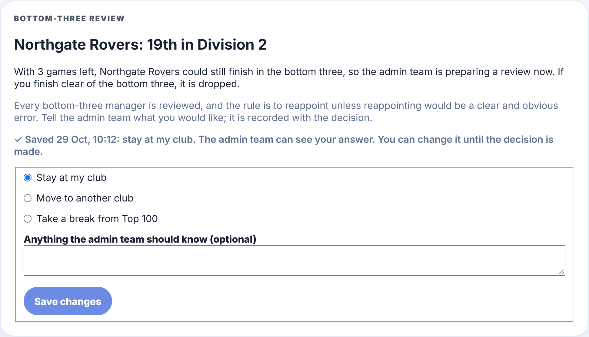 Manager Portal: a bottom-three manager tells the admin team they want to stay
