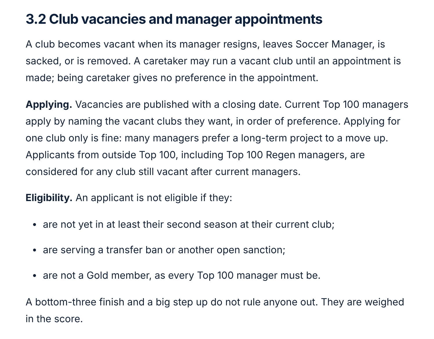Rule 3.2, Club vacancies and manager appointments: applying in order of preference, and the three reasons an applicant isn’t eligible, including not being a Gold member