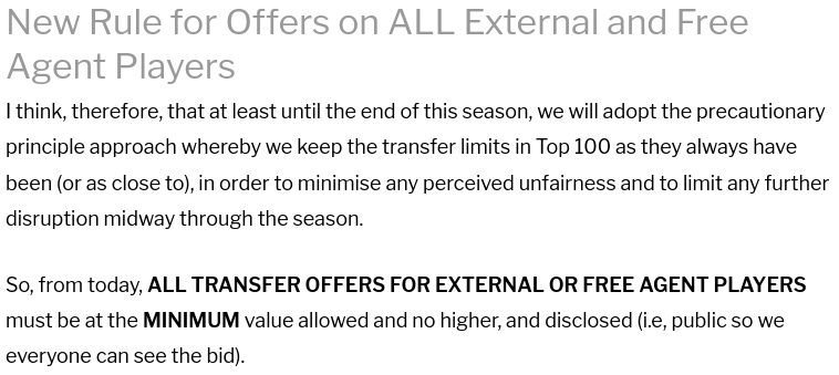 IMPORTANT: Change to Transfer Limits in Top&nbsp;100