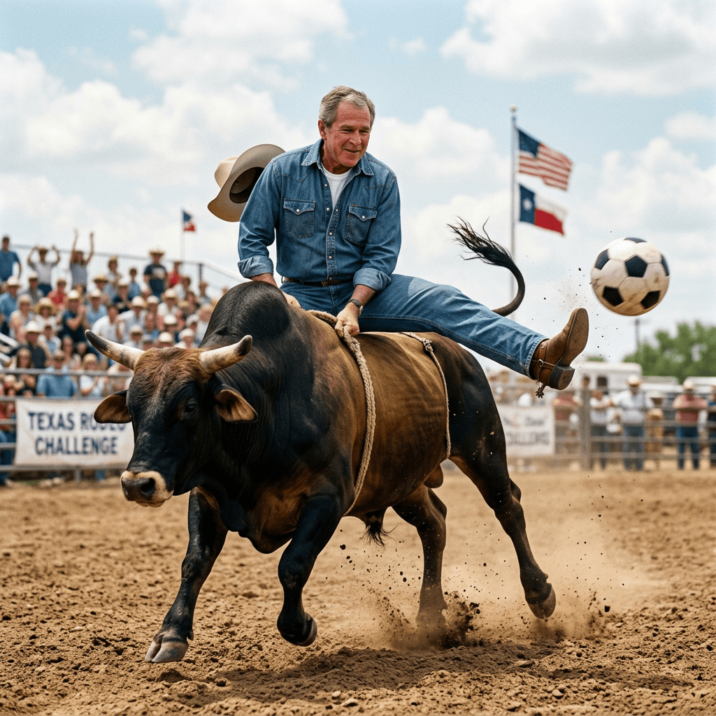 Man riding a bucking bull at a rodeo with a soccer ball in mid-air