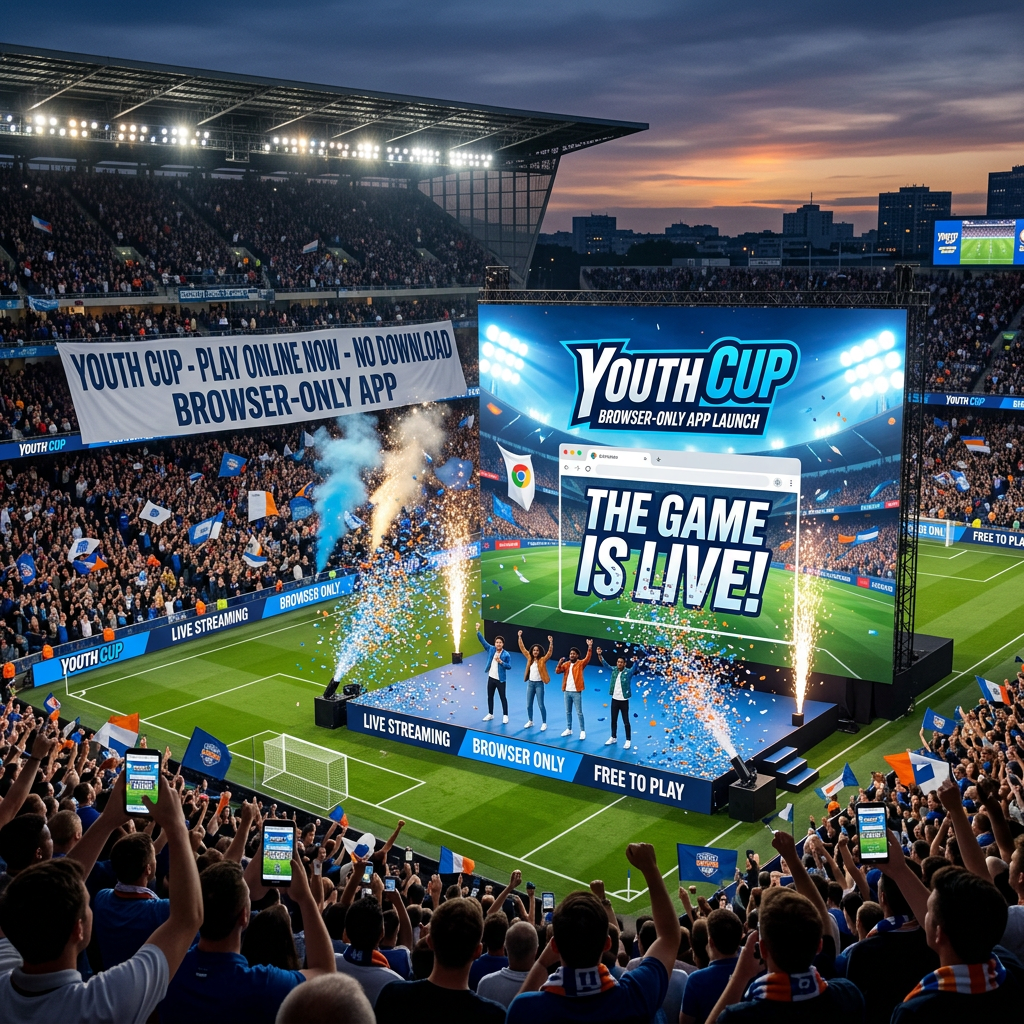 Crowd cheering at stadium event for Youth Cup browser-only app launch with large screen and fireworks